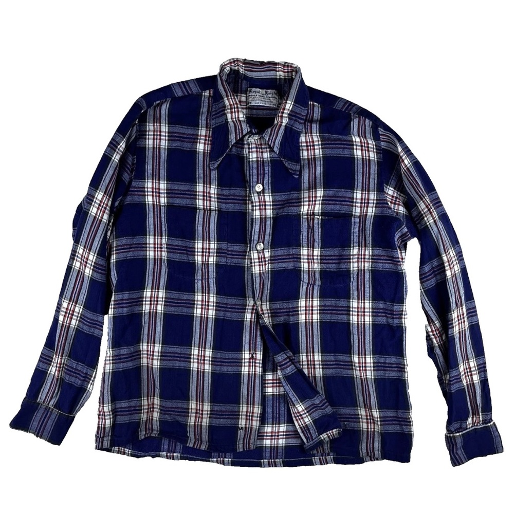 Vintage 70s Royal Knight Medium Blue Button Up Shirt Point Collar Woven Flannel